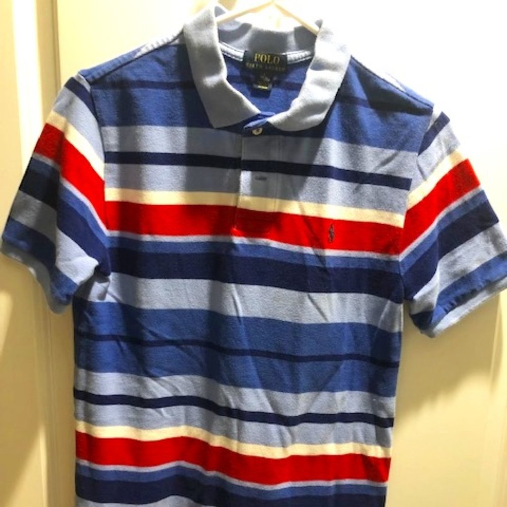 Polo Boys Size L 14/16 Blue striped short sleeve Polo